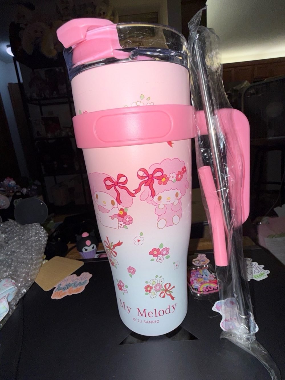 Sanrio My Melody Pink and White Travel Bottle with Straw and Handle